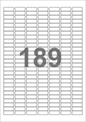 A4-etiketter, 189 etiketter/pr. ark, 25,4 x 10 mm, blank (glansig), till laserskrivare.