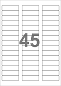 A4-etiketter, 45 etiketter/pr. ark, 58 x 17,8 mm, blank (glansig), till laserskrivare.